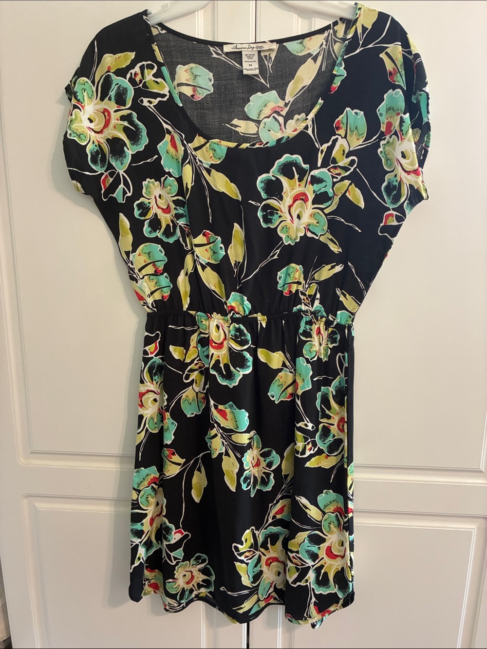 American Rag Black Floral Tunic with Mint and Yellow Accents